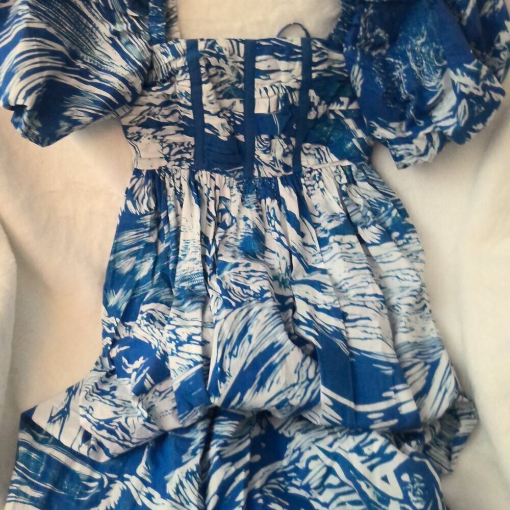 NEW Jesse Zhao Blue Print Square Neck Midi Dress – Size 2 - Picture 7 of 8